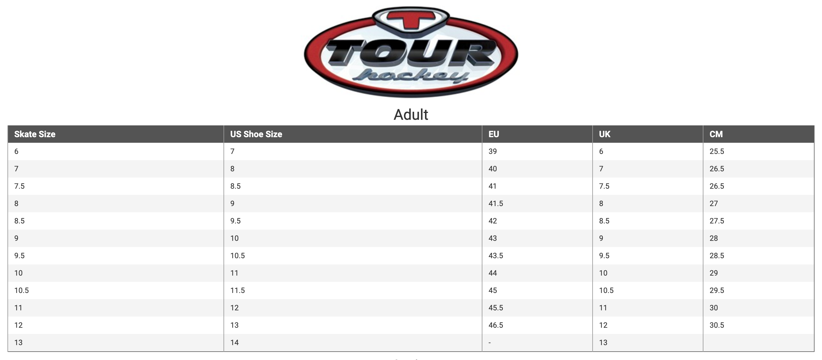 tour hockey skate size chart